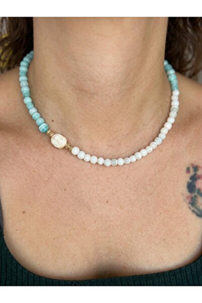 ILSA Turquoise White Cat's Eye & Baroque Pearl Detailed Necklace