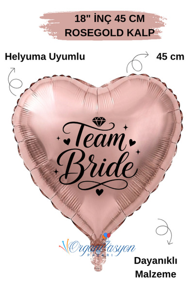 Organizasyon Pazarı 18 Inch Rose Gold Heart Foil Balloon |   Bride Team Print...
