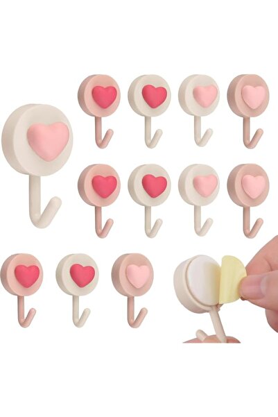 Generic Tazweeq 12 Pcs Pink Heart Wall Hooks, Self-Adhesive Waterproof Hanger...