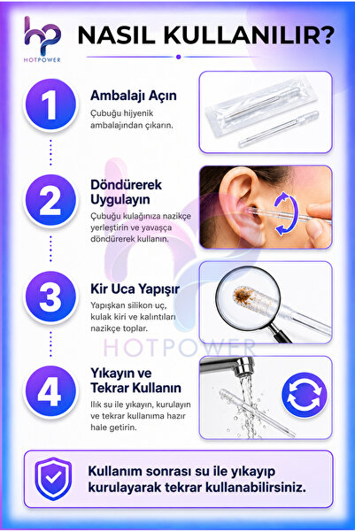 tozlupazar Yapışkan Silikon Uçlu Kulak Temizleme Çubuğu 24'lü Yıkanabilir Tekrar Kullanılabilir Hijyenik Çubuk
