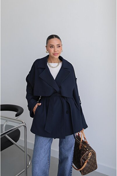 Havoş Navy Blue Alyssa Belted Trench Coat