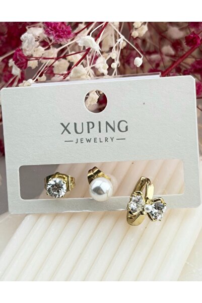 XUPING JEWELRY طقم أقراط من الفولاذ مكون من 3 قطع مرصعة بحجر الزركون واللؤلؤ