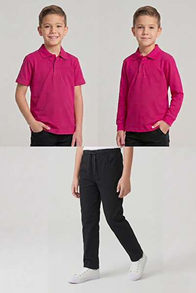nacar çarşı Boys' School Fuchsia Long and Short Sleeve Polo Collar T-Shirt Bl...