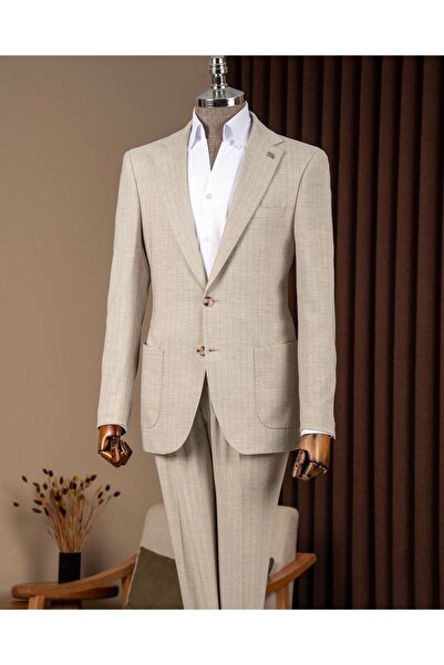 TerziAdemAltun Slim Fit Men's Mono Collar Striped Fabric Jacket Pants Suit Gr...