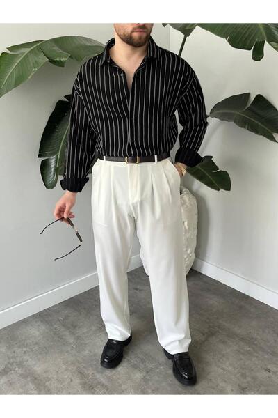 Erkek Çizgili Gömlek Oversize Rahat Kalıp Uzun Kollu Casual Şık Günlük Gömlek Siyah/Beyaz