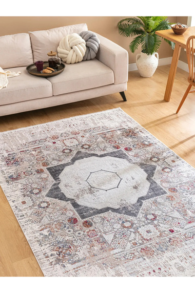 Tuğra Halı Memlük 1466 80 x 150 cm Çok Renkli Gri Eskitme Desenli Saçaklı Sal...