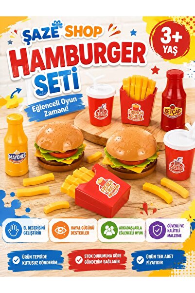 SAZE Şaze Shop Tepside Hamburger Oyuncak Seti 3+ Yaş Fast Food Yiyecek İçecek...
