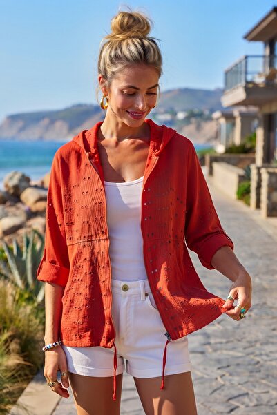 Chiccy Pomegranate Flower Hooded Raglan Sleeve Zippered Pocketed Belted Waist...