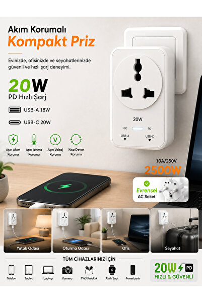 DEANB 2500W Akım Korumalı Priz 1 Soket 1 USB 1 Type-C Evrensel Çoklu Priz Şar...