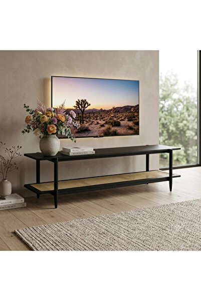 Al Hadaya Mall Wood and Rattan Tv Console Modern Design - Black and Wood - Large