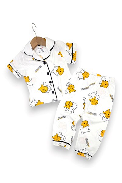VOY KİDS Boy's Summer Pooh Printed Double-Breasted Collar Nightgown Pajama Se...