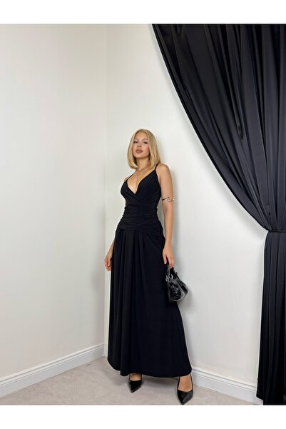 Clothes Fast Women's Black Strappy V-Neck Draped Gathered Backless Maxi Dress