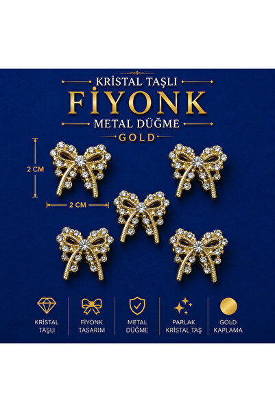 İMREN AKSESUAR Bowknot Crystal Stone Gold Button 2 cm 1 Pack 5 Pieces