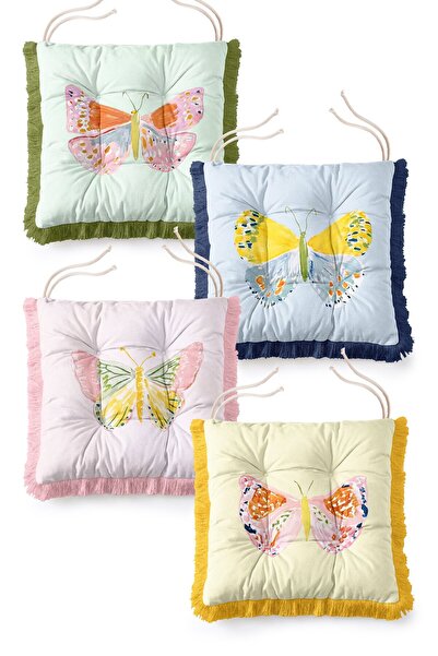 IdeCraft Colorful Watercolor Butterfly Motif Fringed Lace-Up Fluffy Chair Cus...