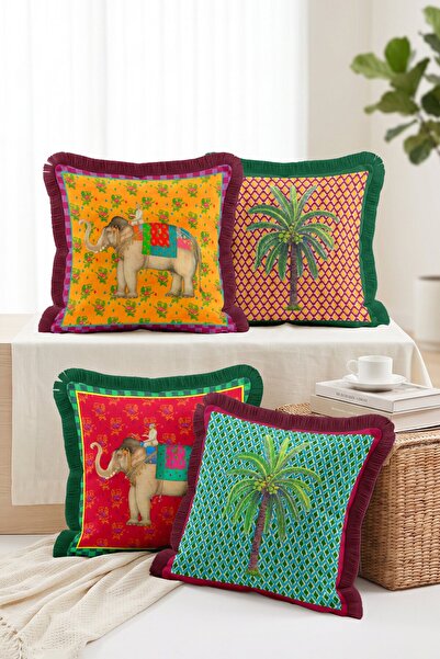 IdeCraft Indian Themed Elephant and Palm Tree Patterned Ethnic 4-Piece Fringe...