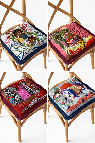 IdeCraft Ethnic African Portrait and Zebra Figured Fringed 4-Piece Pofidic Ch...