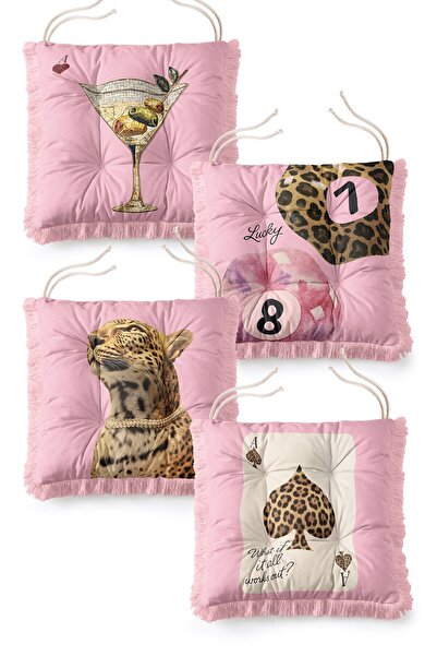 IdeCraft Pink Leopard and Cocktail Patterned Fringed Lace-Up 4-Piece Puffy Ch...