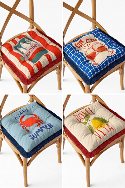 IdeCraft Set of 4 Fringed Lace-Up Sardine Lemon Crab Motif Fluffy Kitchen Cha...