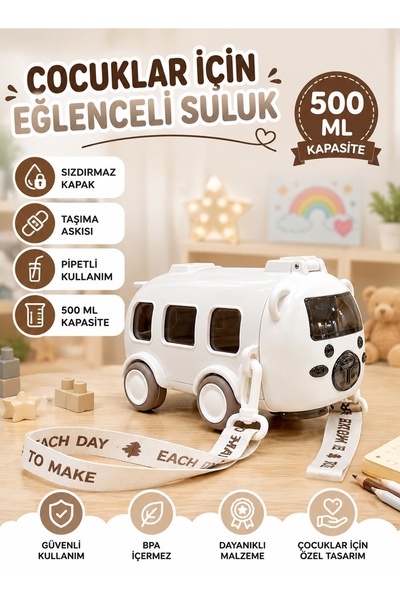 Kitchen Beauty Çocuk Matara Suluk 500 Ml Otobüs Tasarımlı Pipetli Sızdırmaz K...
