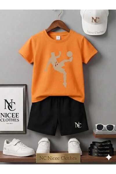 Leto Lykia Summer Children's T-Shirt Shorts Unisex (Orange Röveşata Printed)