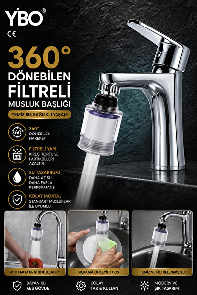 YBO 360° Dönebilen Filtreli Musluk Başlığı Su Arıtmalı Tasarruflu Mutfak Lava...