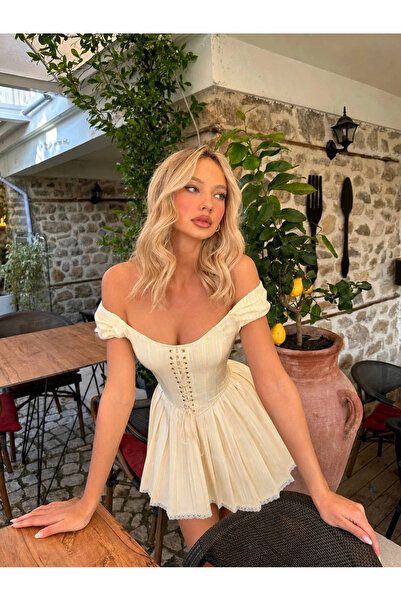 lunaiçgiyim MORLİVA ÇİZGİLİ CORSET ELBİSE SARI
