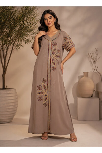 amaan Women's Taupe Embroidered Moroccan Style Short Sleeve Maxi Jalabiya