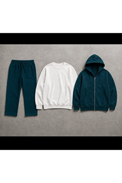 LU DUE Unisex Design Petrol Blue Straight-Leg Baggy Sweatpants White Crew Nec...