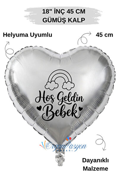 Organizasyon Pazarı 18 Inch Silver Heart Foil Balloon |   Welcome Baby Rainbo...