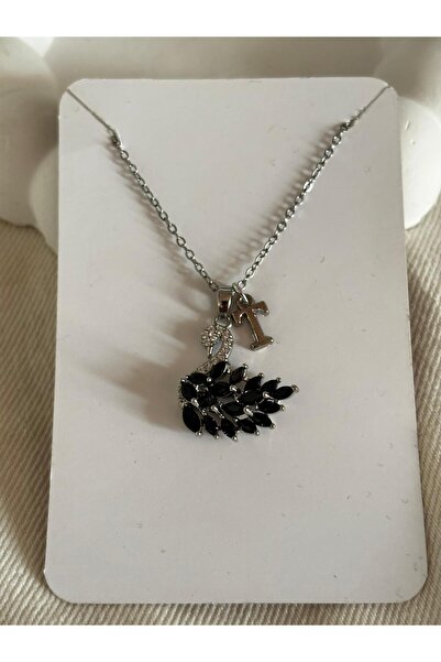 bijoux uniques Siyah zirkon taşlı kuğu model T harfli 316L çelik kolye
