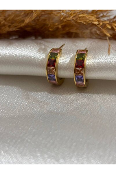stainless steell Colorful Stone Detailed Hoop Steel Earrings