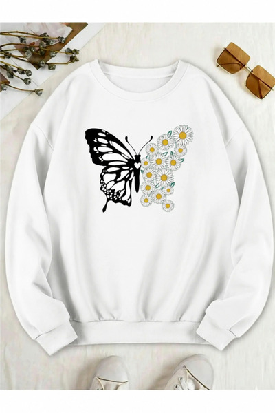 Trend Sizde Unisex Φούτερ με στάμπα Daisy Butterfly και λαιμόκοψη ποδηλάτου