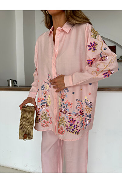 MİA NOURA Women's Oversize Shirt with Beading on Front, Back and Sleeves