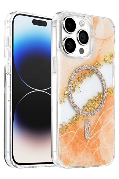 Mey İthalat® iPhone 14 Pro Max Lotus Simli Magsafe Kapak - Turuncu