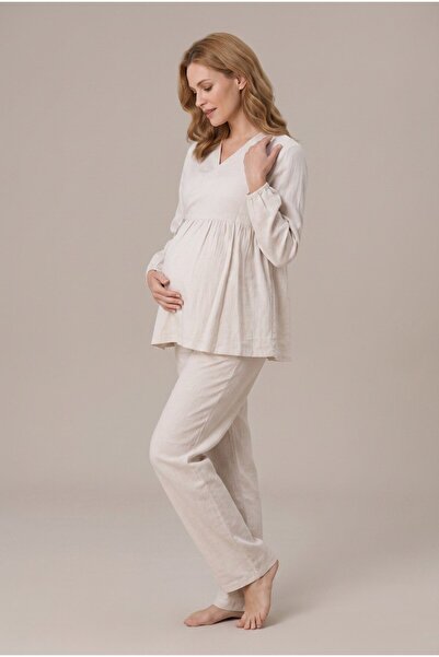 Pelin Women's Cream Muslin Cotton Fabric Long Sleeve Double Breasted Collar B...