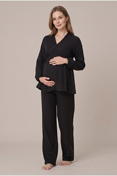 Pelin Women's Black Muslin Cotton Fabric Long Sleeve Double Breasted Collar B...