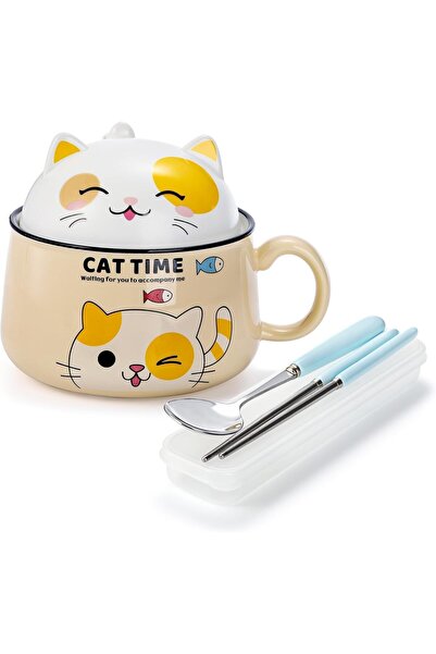 Arabest Ceramic Ramen Bowl with Handle and Lid,1020 ML,Cute Cat Design,Spoon,...