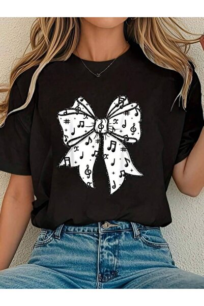 kai22 Women's Unisex Teacher-Shirt With Music Note & Bow Graphic Soft Breatha...