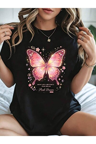 21JNRY Graphic Women's T-Shirt Pink Shine Like A Butterfly Print Summer Casua...