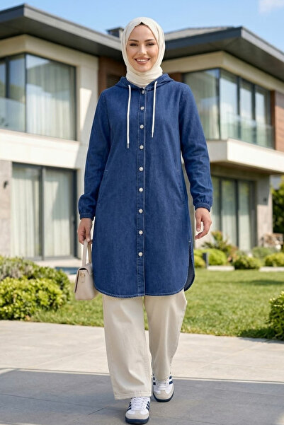 Hb Harma Time Butik Women's Hooded Buttoned Denim Jacket in Navy Blue