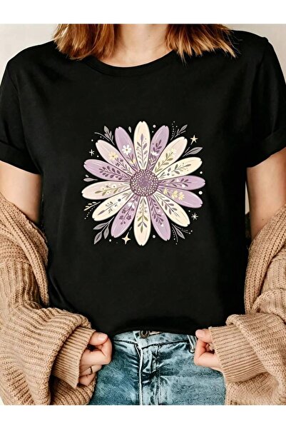 NOURAM Boho Floral Women's T-Shirt Purple Daisy Graphic Tee Casual Summer Gif...