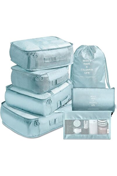 GENERAL Set of 7 Cubes for Organizing Travel Bags with Toiletry Bag (Light Bl...