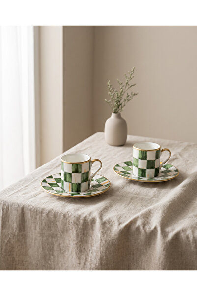 RUBİ PORSELEN Bella Green 2-Person Porcelain Coffee Cup Set – Green Square Pa...