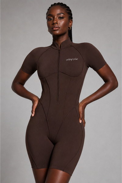 Art of Act Sculpt Open-Back Zip-Up Biker Jumpsuit – Chocolate Brown