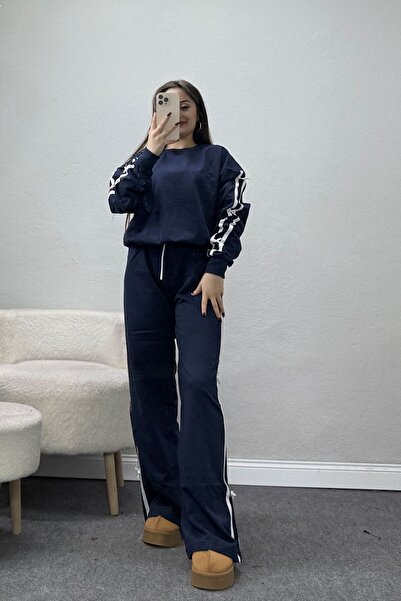BELENDİR Women's Striped Bowknot 2 Thread Tracksuit Set Navy Blue