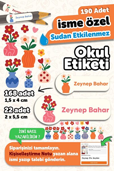 MSticker 190 Adet Kişiye Özel Okul Etiketi İsimli Kalem Defter Suluk Etiket Dayanıklı Etiket Vazolu Çiçek