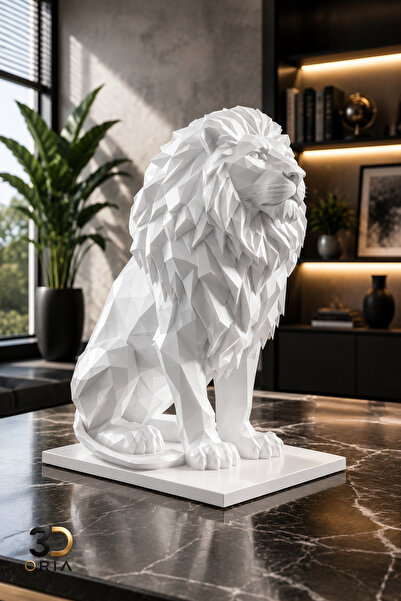 3DOria Aslan Biblo Dekoratif Aslan Figürü Low Poly Heykel 3D Baskı Beyaz Ev O...