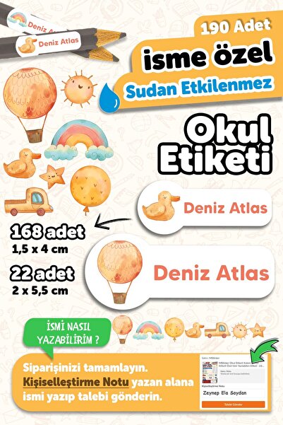 MSticker 190 Adet Kişiye Özel Okul Etiketi İsimli Kalem Defter Suluk Etiket Dayanıklı Etiket Ördek Uçan balon
