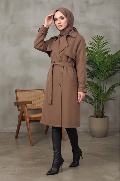 B.HE.Z Women's Hijab Below Knee Lined Degaje Collar Linen Fabric Slit Trench Coat Milk Coffee