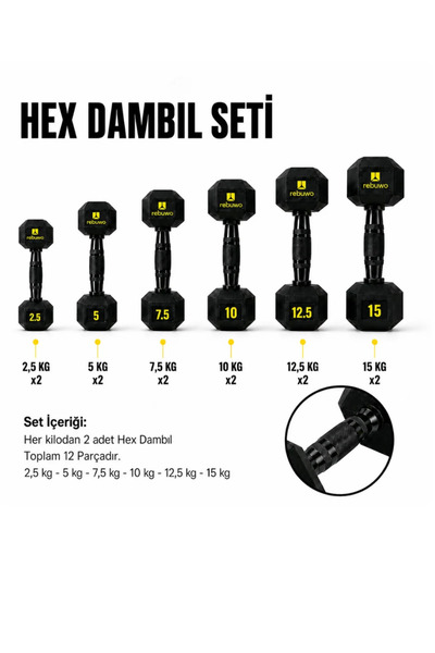 Rebuwo Hex Dambıl Seti 2,5– 15 KG – 12 Parça Profesyonel Ağırlık Seti